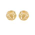Gold snake-shaped earrings with green gemstones on a white background