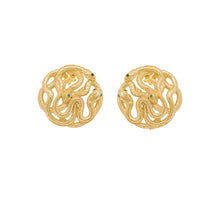 Gold snake-shaped earrings with green gemstones on a white background