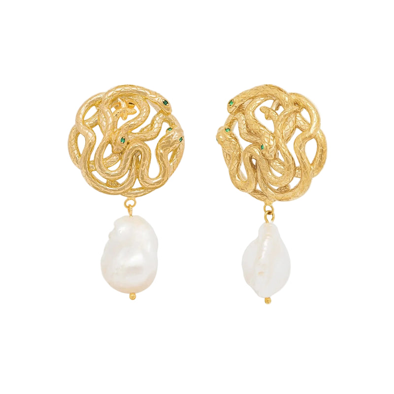 Gold Serpent earrings with pearl drops on a white background