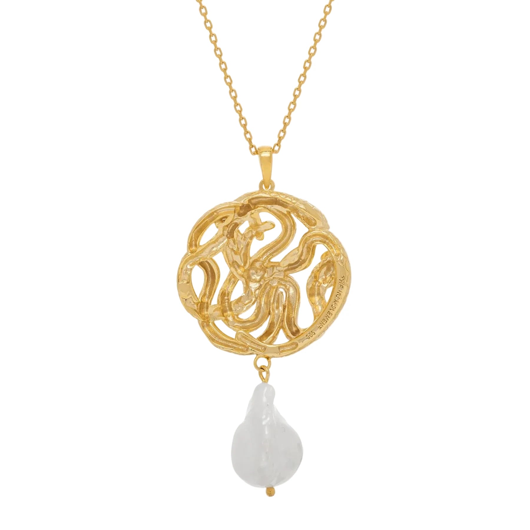 Gold necklace with a serpent pendant and pearl on a white background