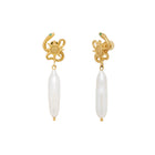 Gold serpent sun shaped earrings with pearl drops