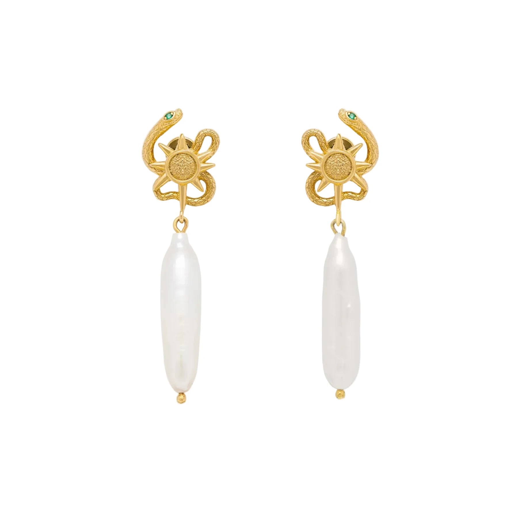 Gold serpent sun shaped earrings with pearl drops on a white background