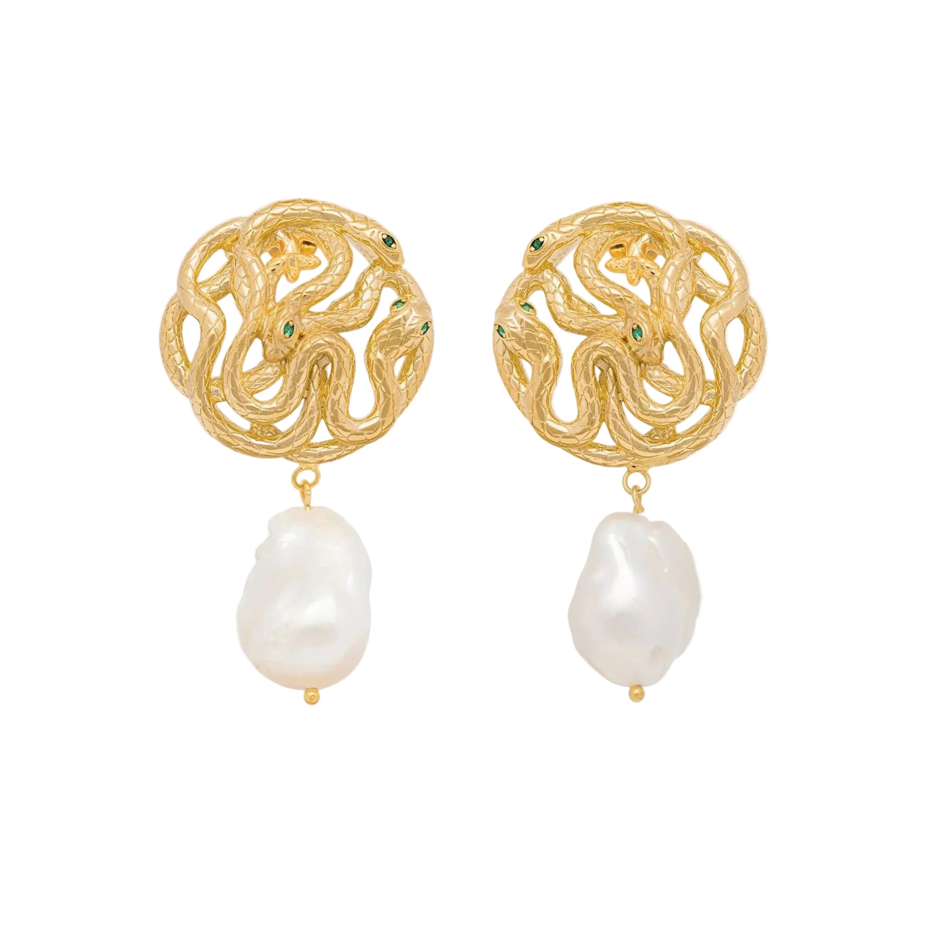 Gold snake earrings with pearl drops on a white background