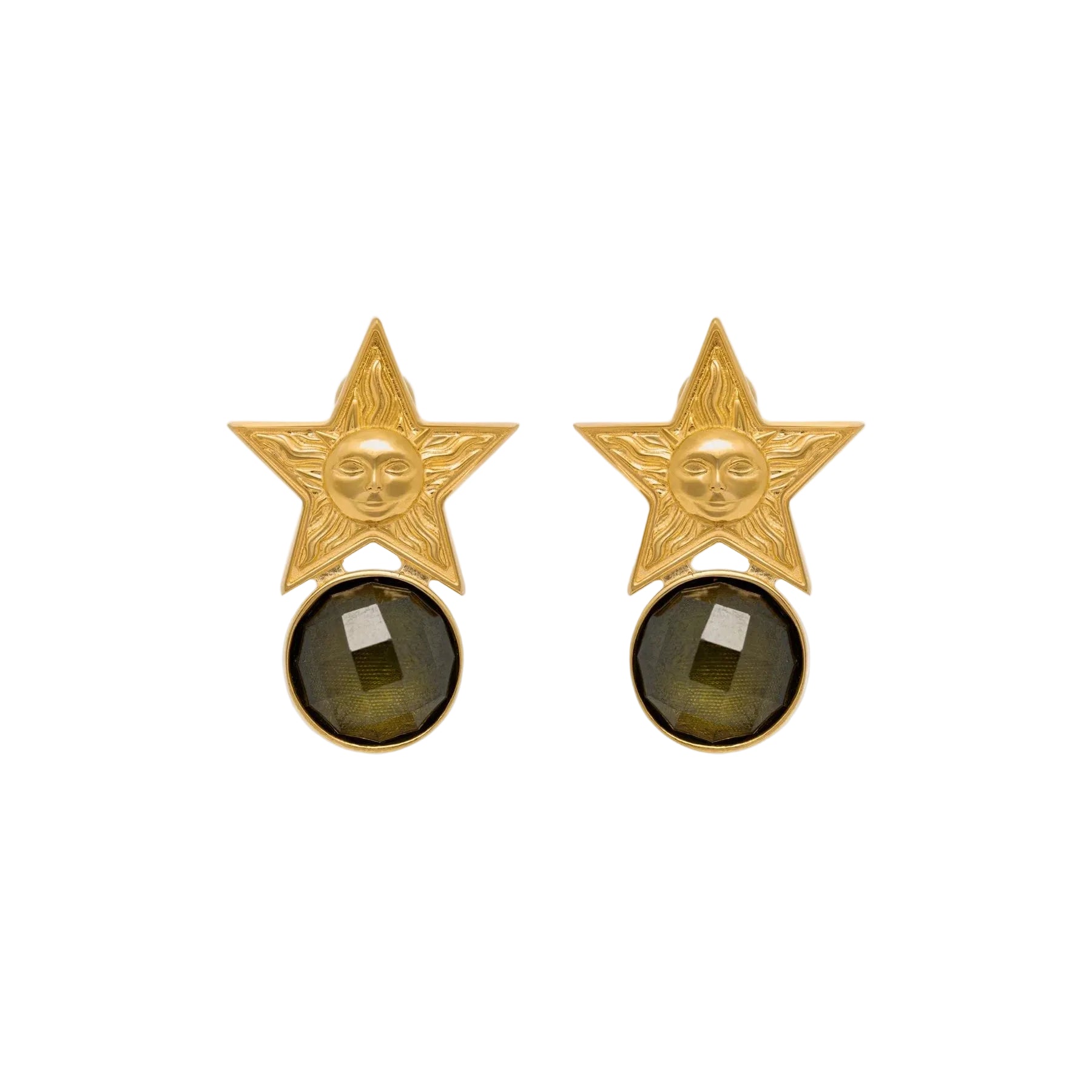 Gold star-shaped earrings with dark gemstones on a white background