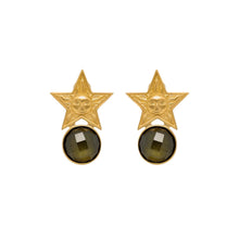 Gold star-shaped earrings with dark gemstones on a white background