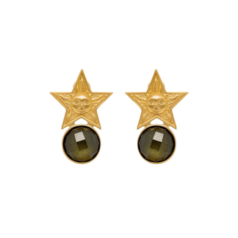 Gold star-shaped earrings with dark gemstones on a white background