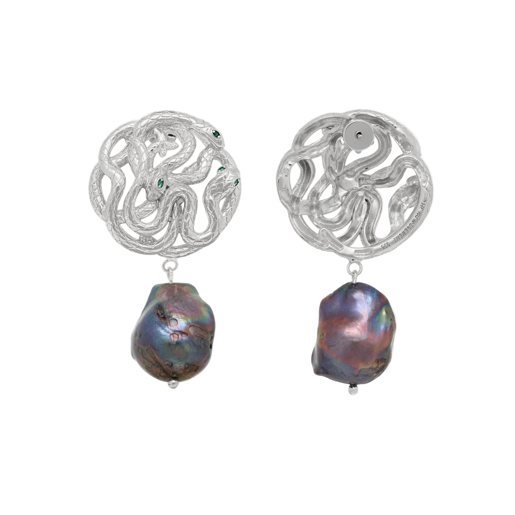 Pair of silver earrings with serpent designs and black pearl on a white background