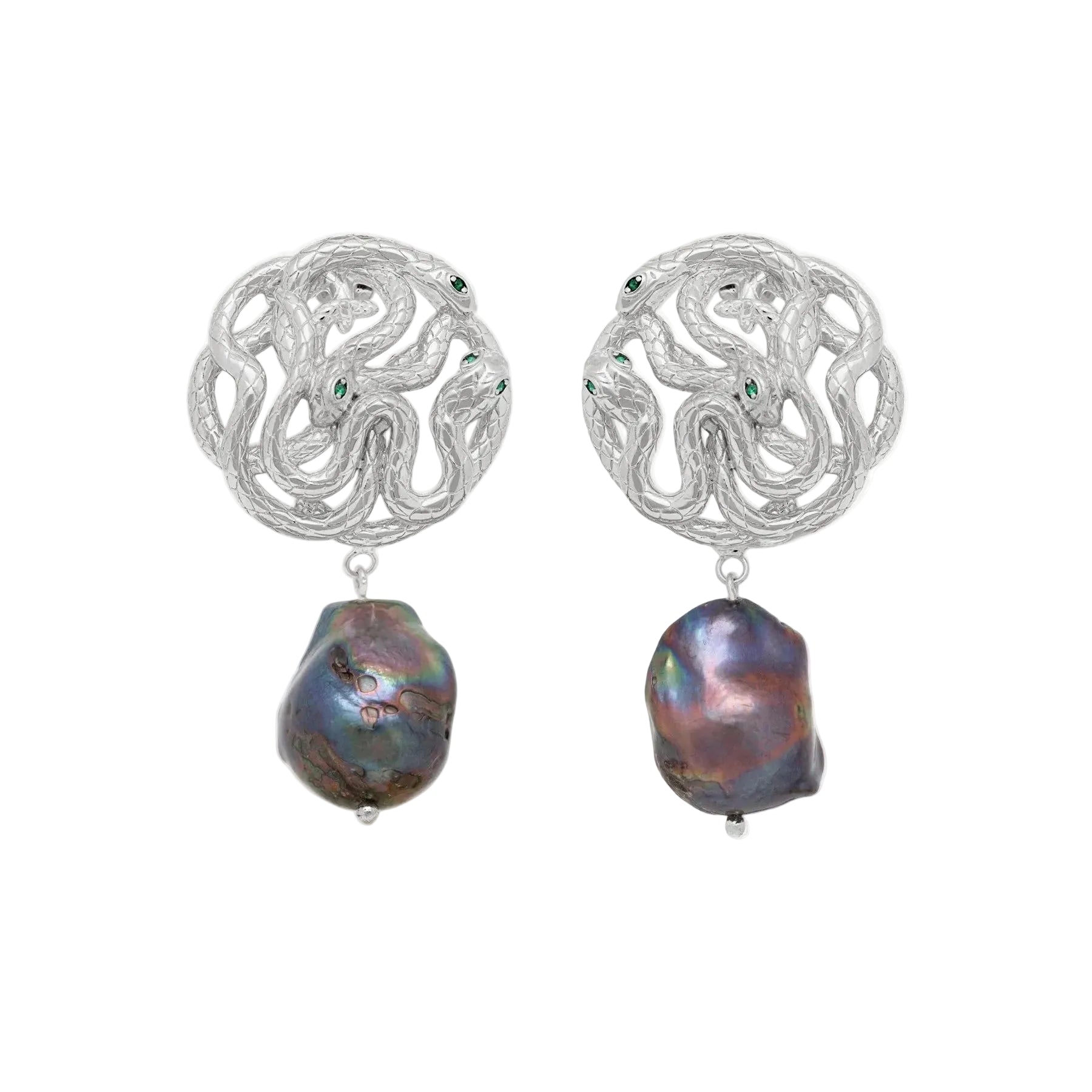 Pair of silver earrings with large black pearls on a white background