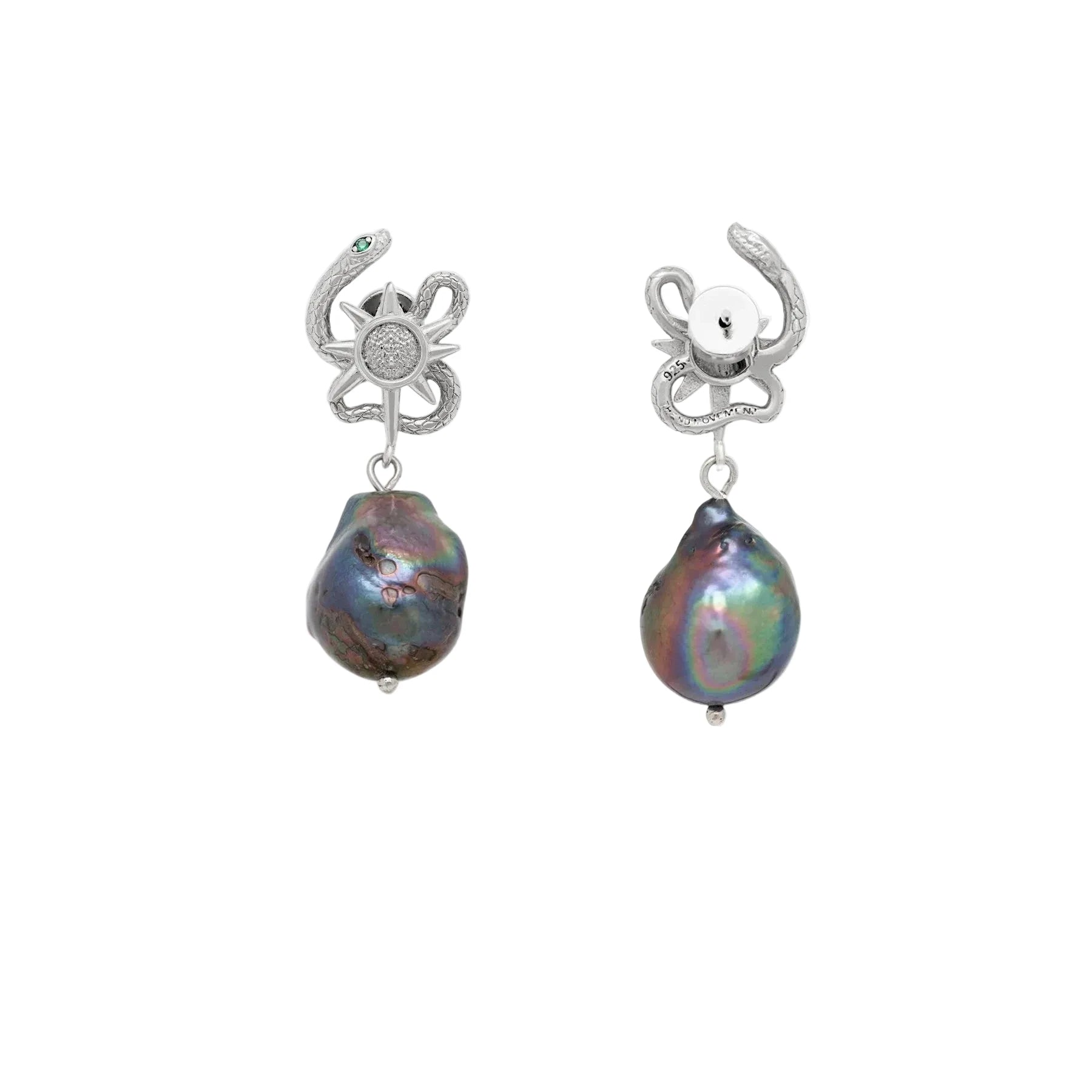 Pair of earrings with serpent design and black pearl on a white background