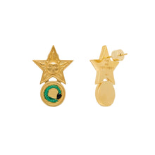 Gold star-shaped earrings with green gemstones on a white background