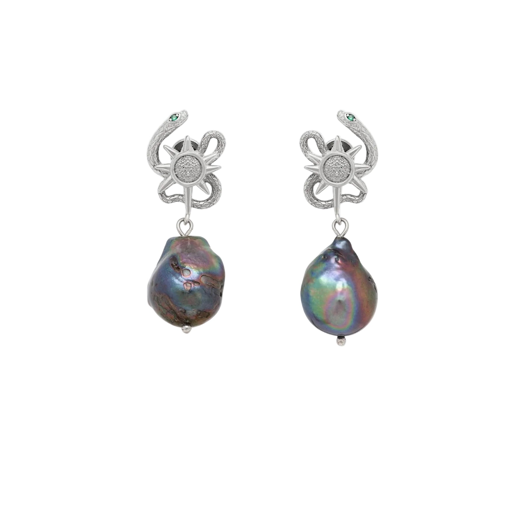 Pair of earrings with serpent design and black pearl on a white background