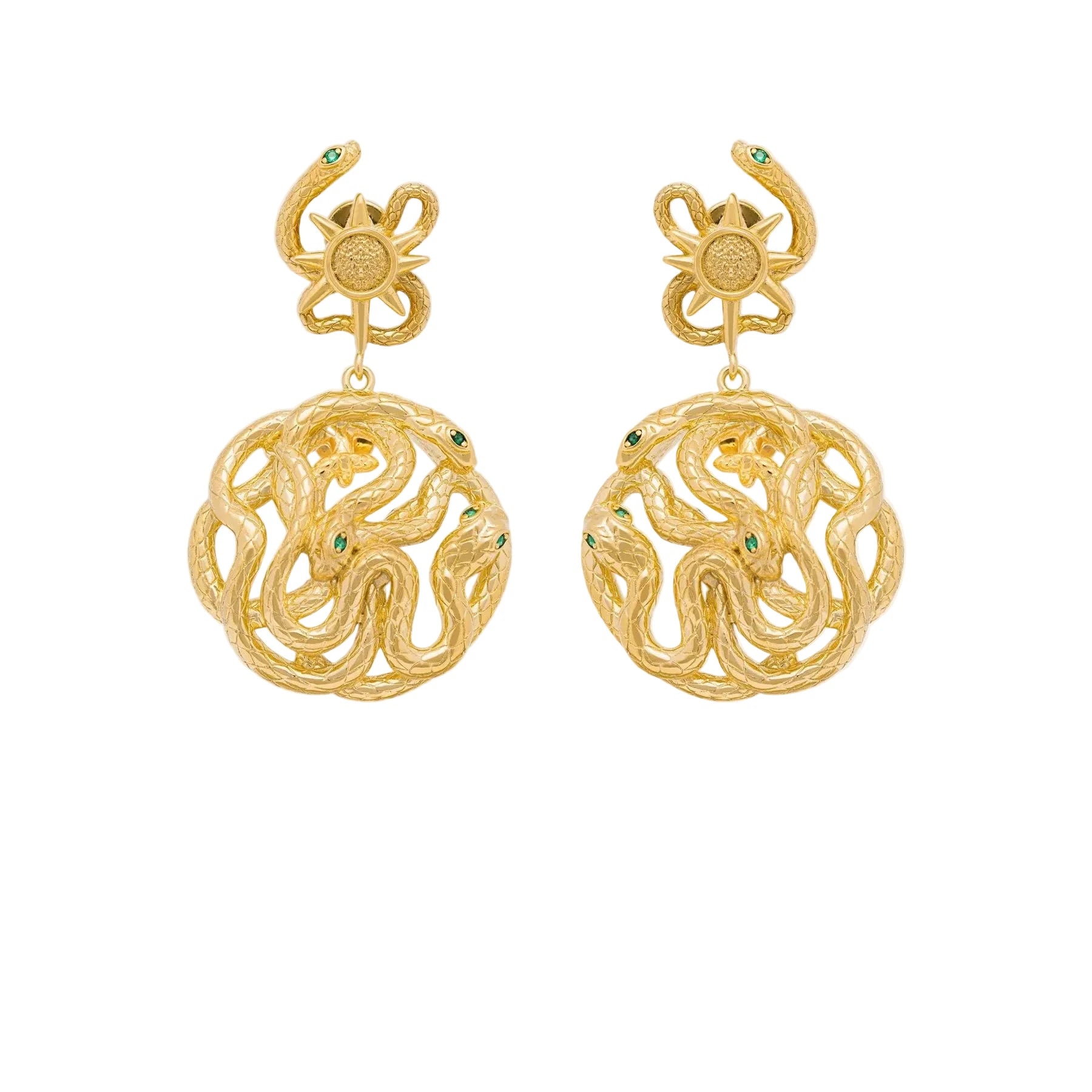 gold story earring with serpent light sun and star