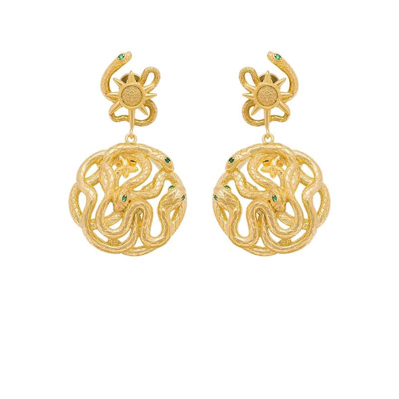 gold story earring with serpent light sun and star