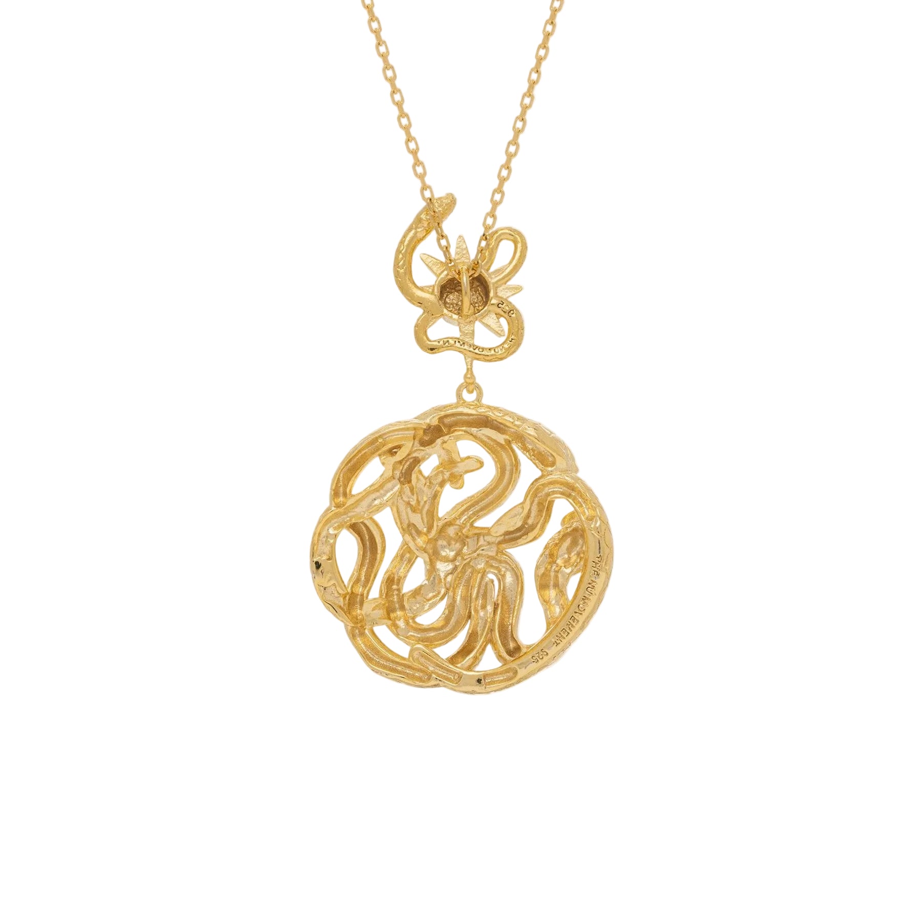 Gold necklace with snake and sun star pendant on a white background