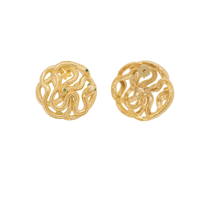 Gold snake-shaped earrings on a white background