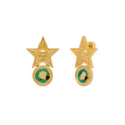 Gold star earrings with snake art on a white background