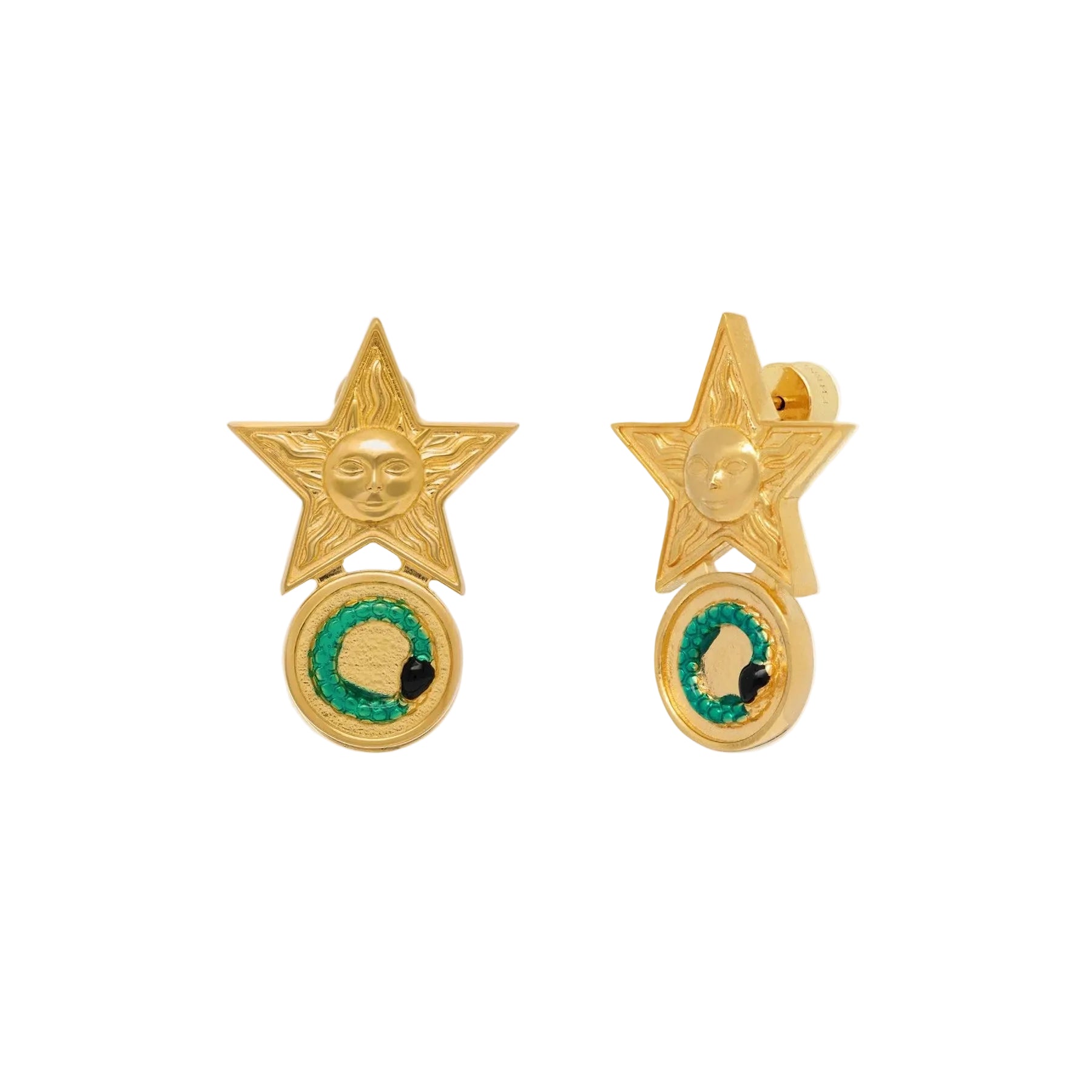 Gold star earrings with snake art on a white background