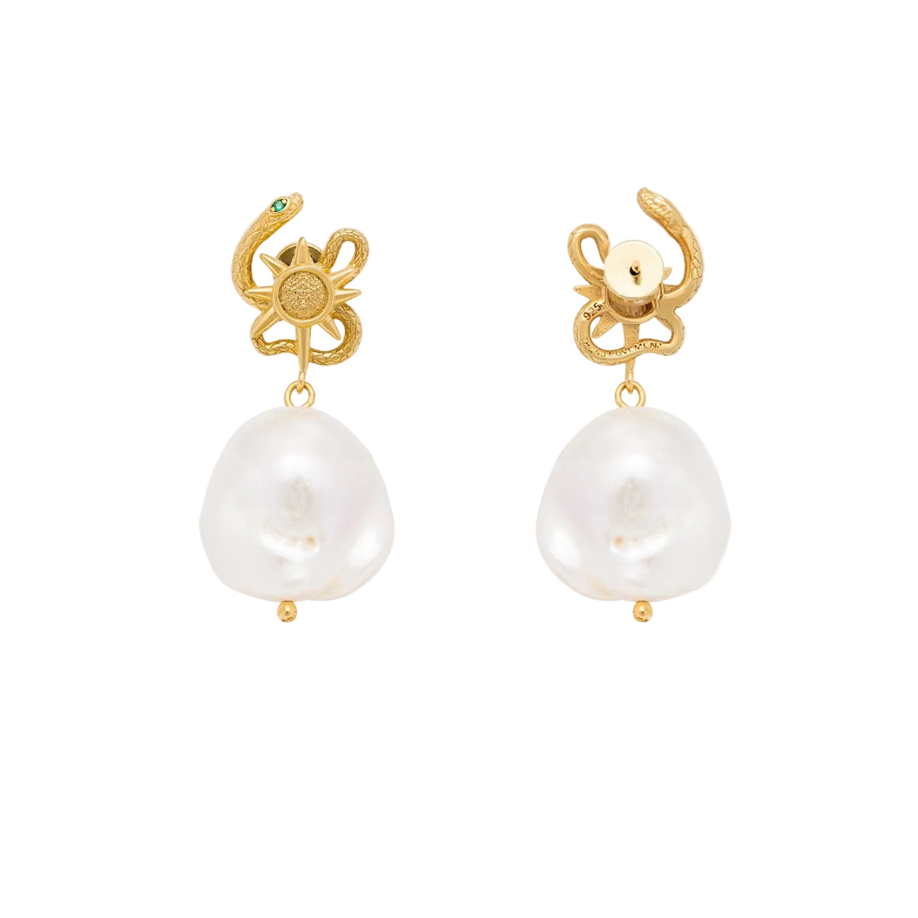 Gold serpent earrings with pearl drops on a white background