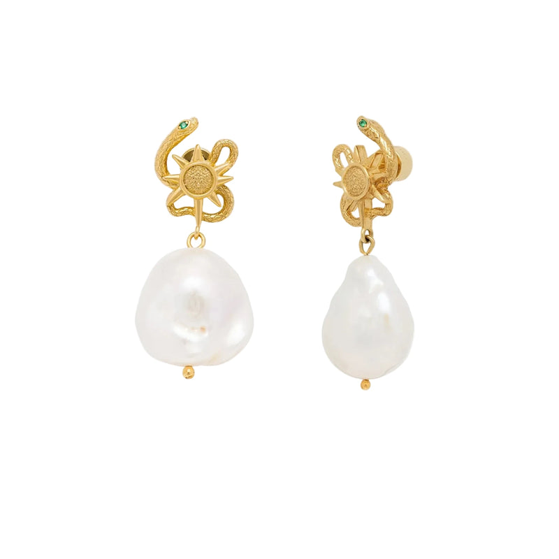 Gold serpent earrings with pearl drops on a white background