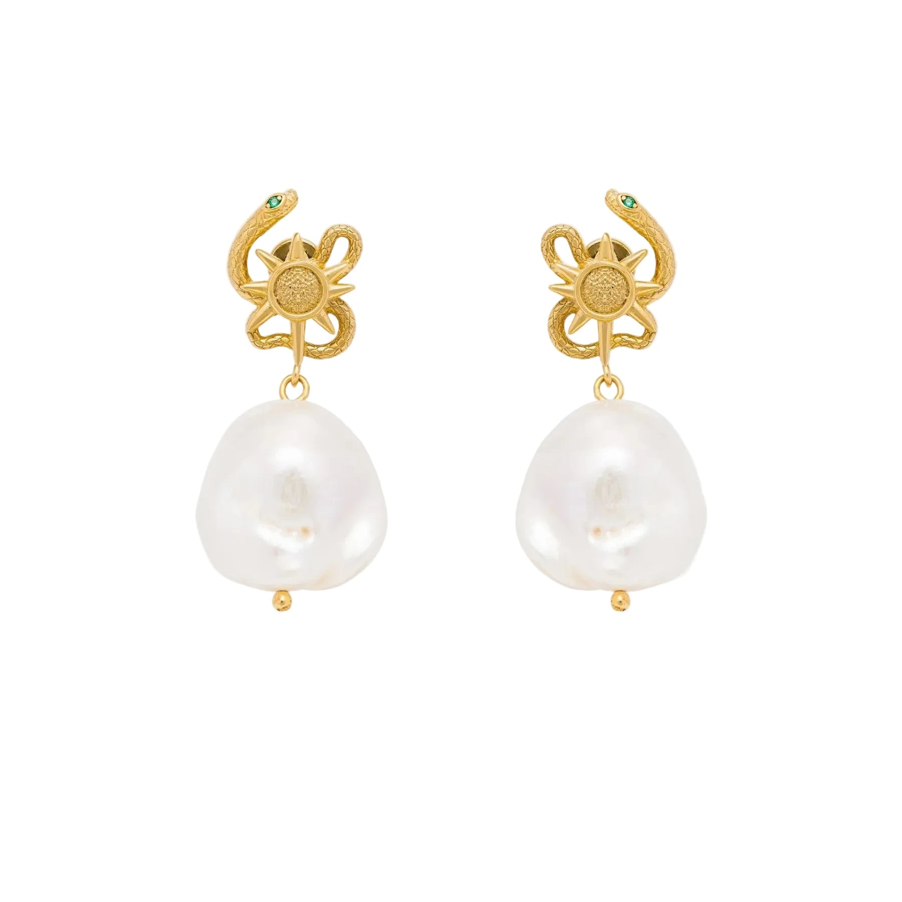 Gold serpent earrings with pearl drops on a white background