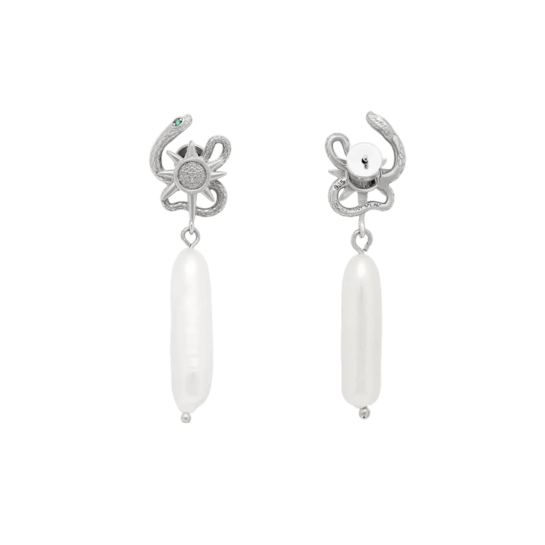 silver serpent_sun_shaped_earrings_with_pearl_drops