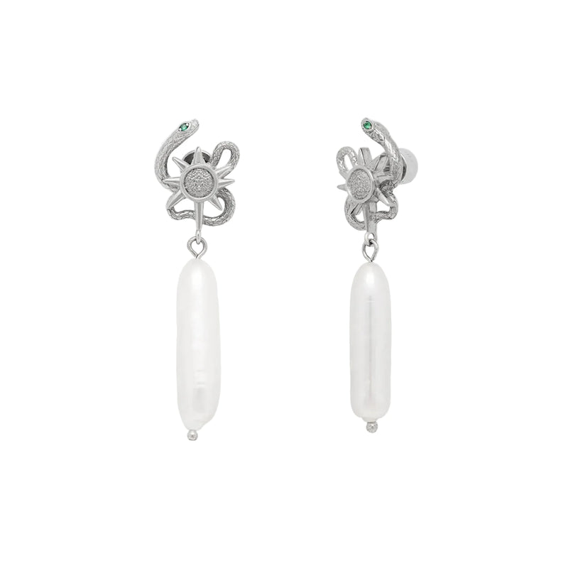 Pair of silver serpent light earrings with a pearl 