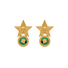 Gold star-shaped earrings with green hand paint on a white background