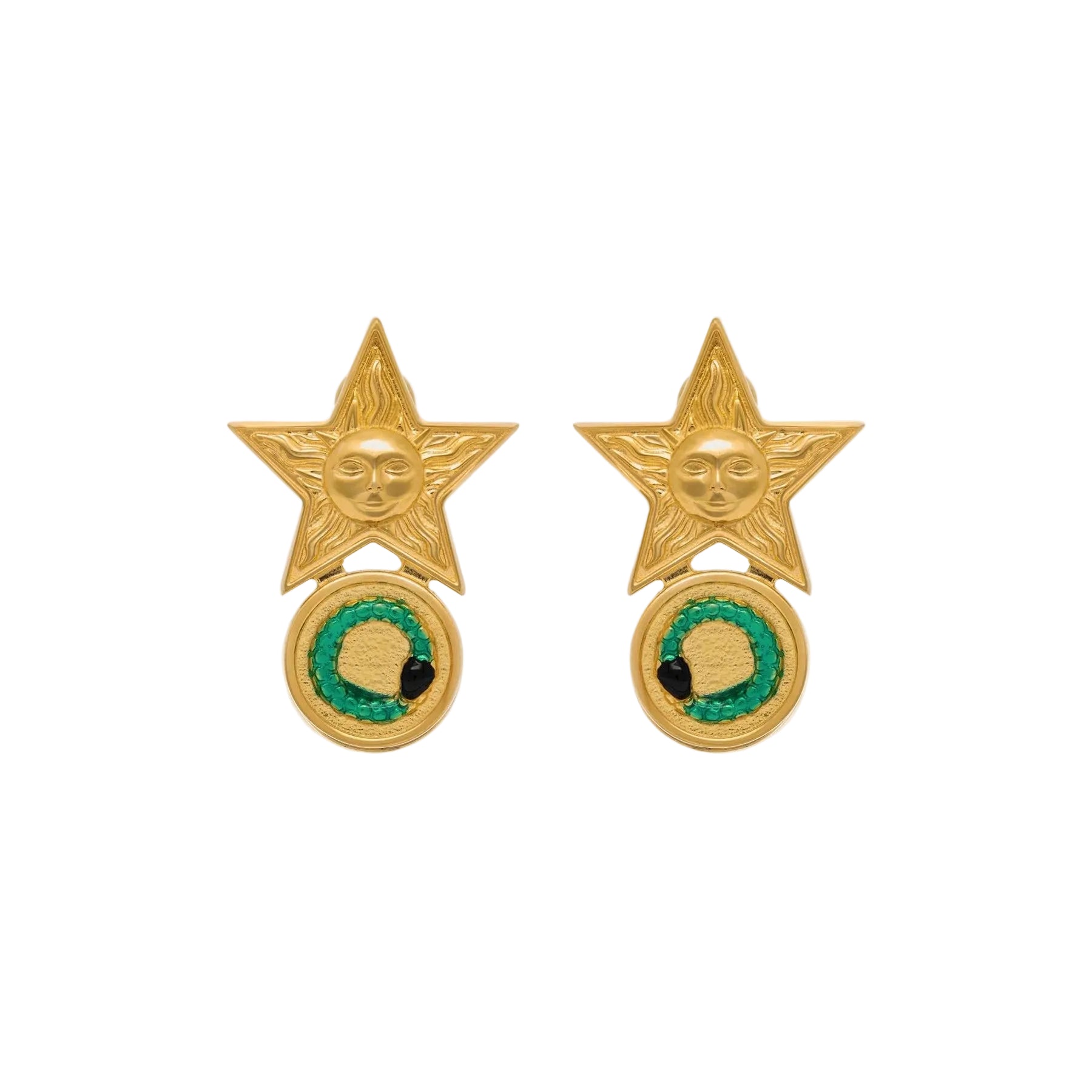 Gold star-shaped earrings with green hand paint on a white background