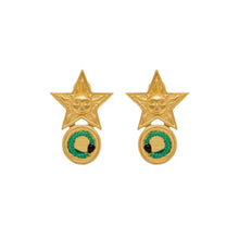 Gold star-shaped earrings with green hand paint on a white background