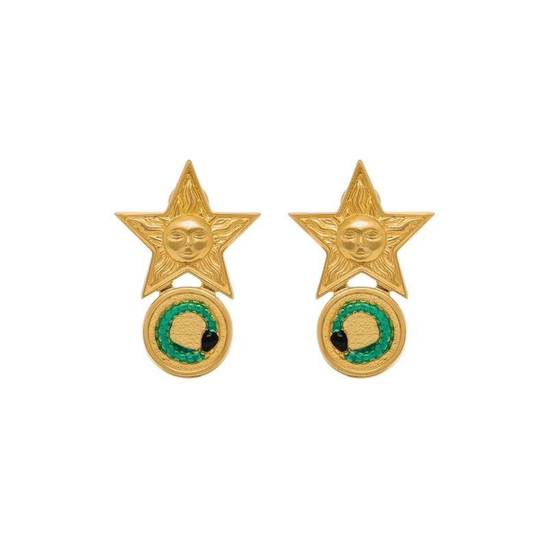 Gold star-shaped earrings with green hand paint on a white background
