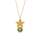 Gold necklace with a star-shaped pendant featuring a snake and sun design on a white background