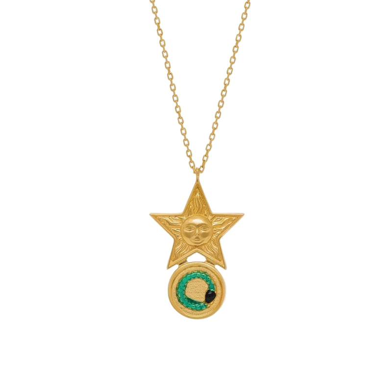 Gold necklace with a star-shaped pendant featuring a snake and sun design on a white background