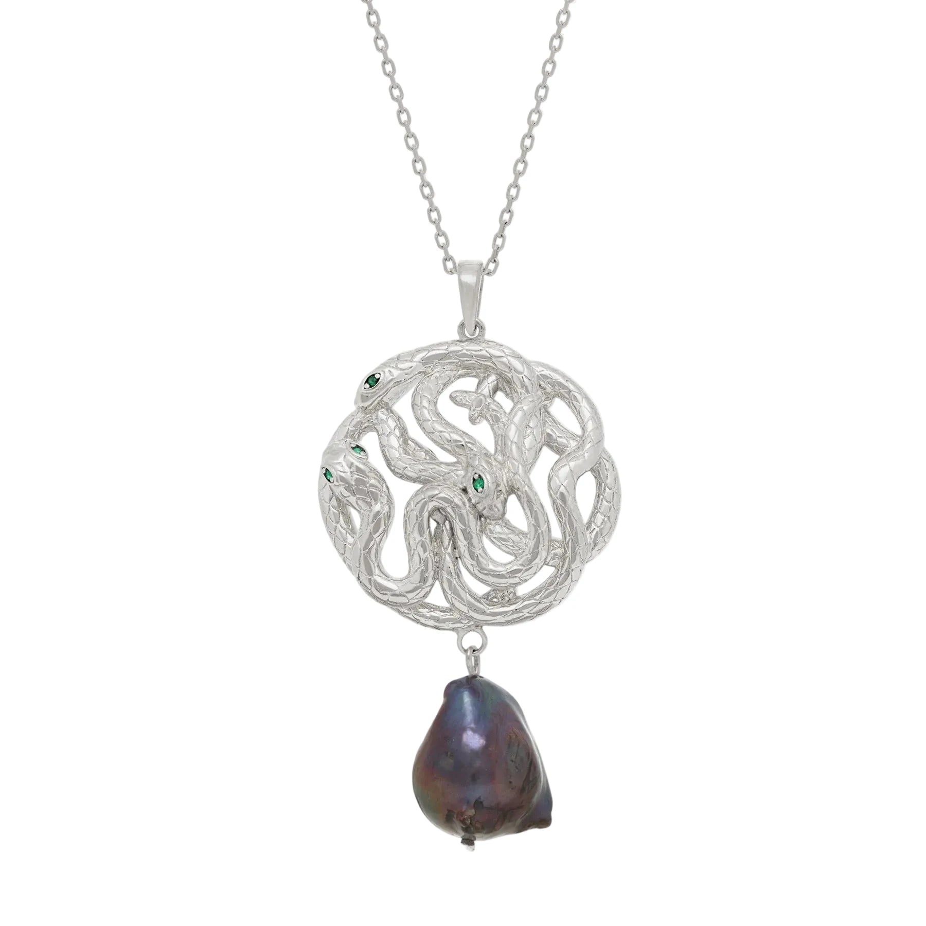 Silver necklace with a serpent pendant and a black pearl on a white background