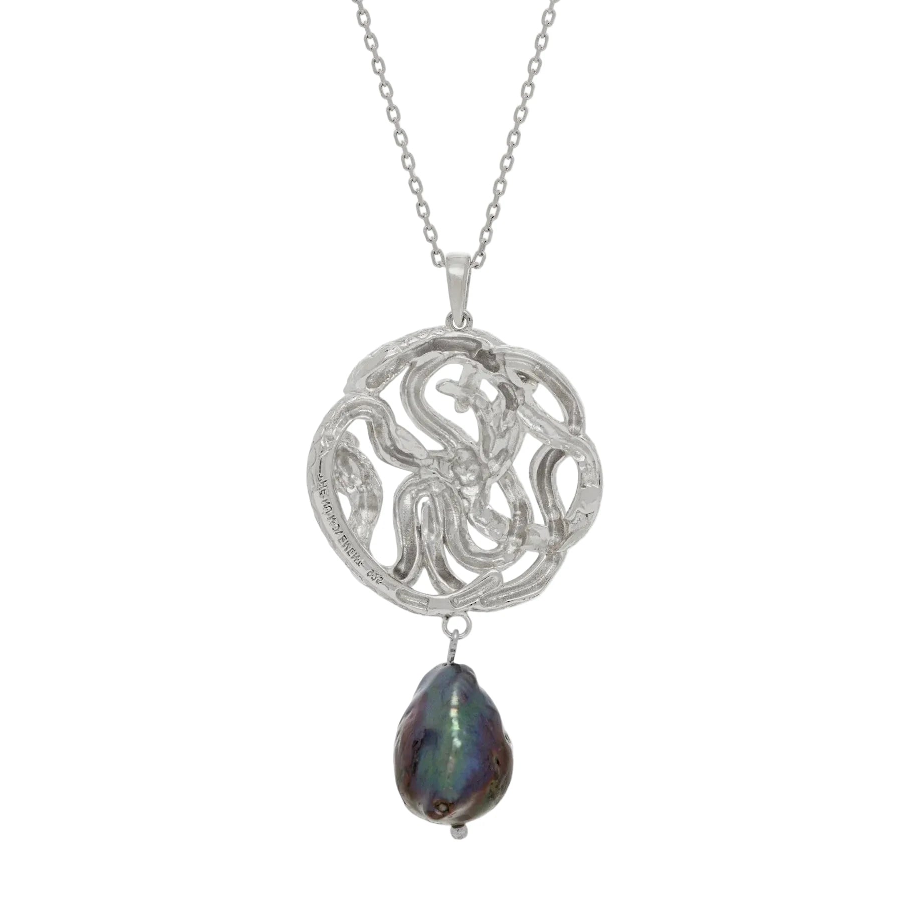 Silver necklace with a serpent pendant and a black pearl on a white background