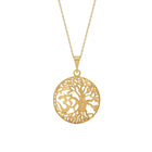 Gold necklace with a tree of life pendant on a white background