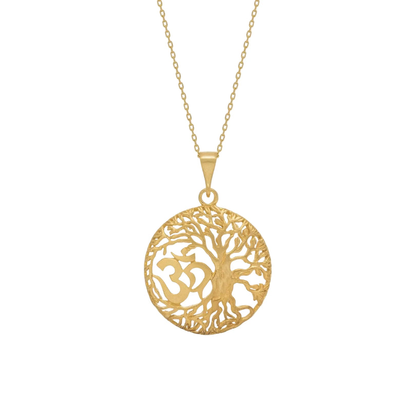 Gold necklace with a tree of life pendant on a white background
