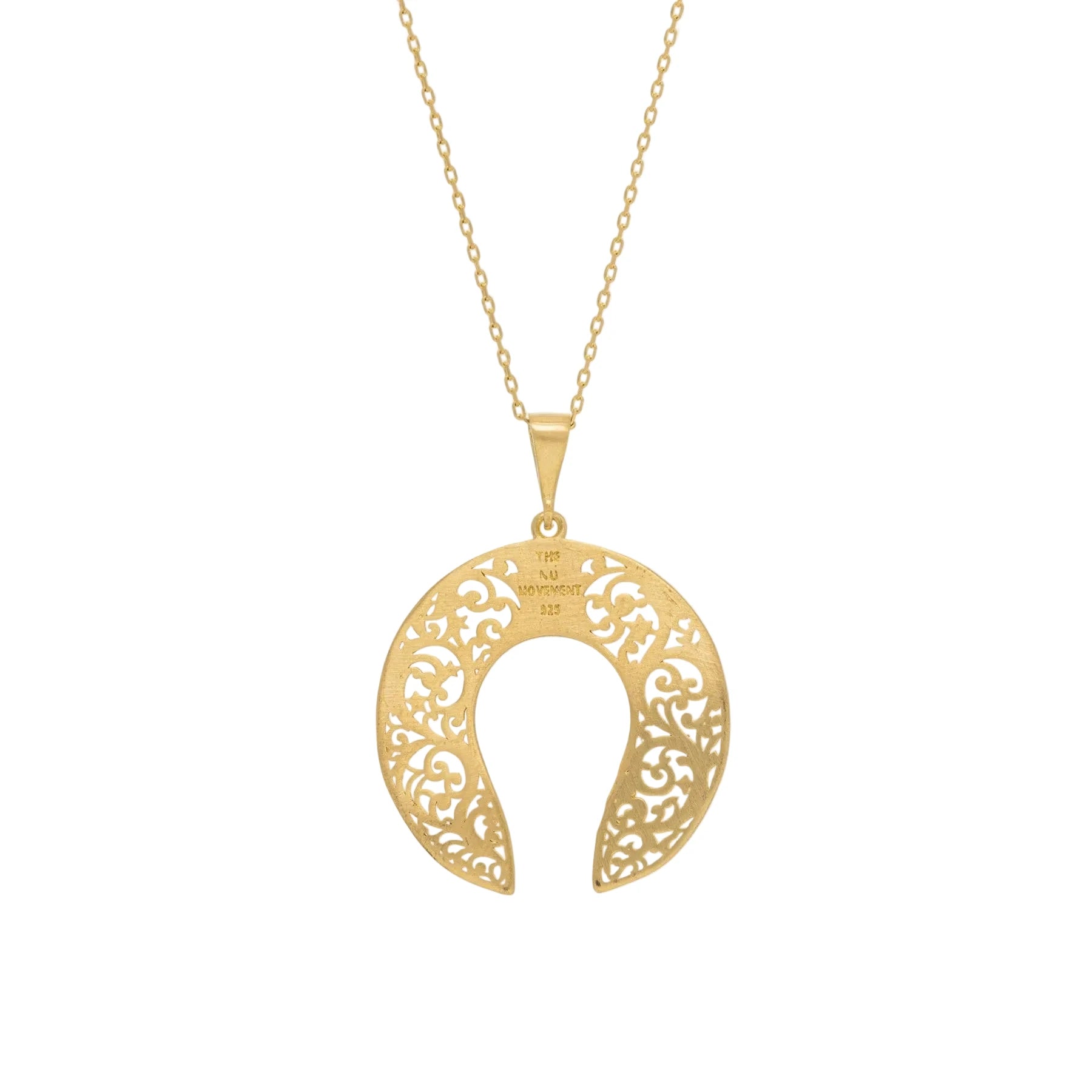 Gold necklace with a decorative pendant on a white background