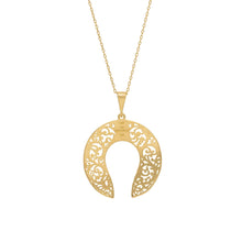 Gold necklace with a decorative pendant on a white background