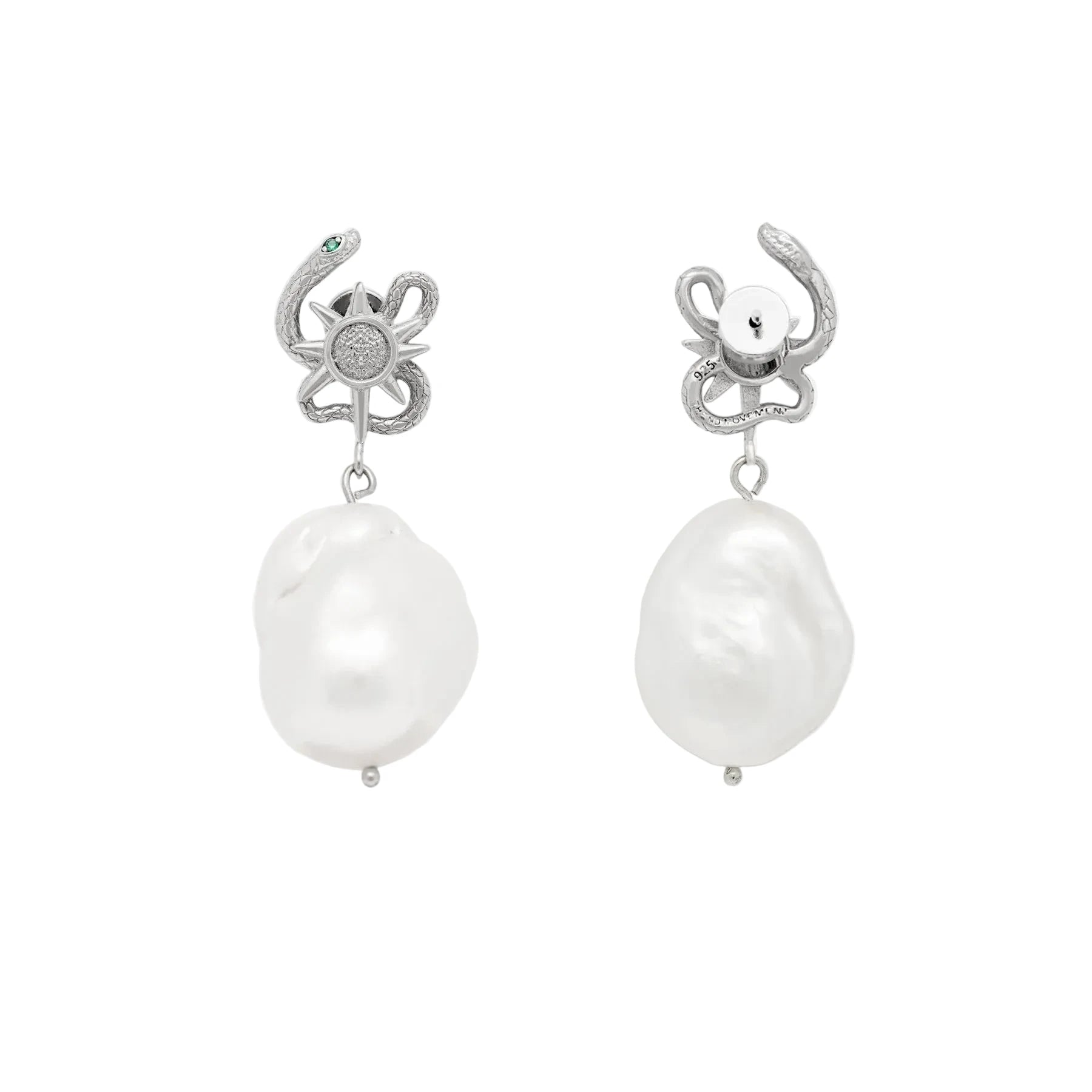 Pair of pearl earrings with silver snake charms on a white background