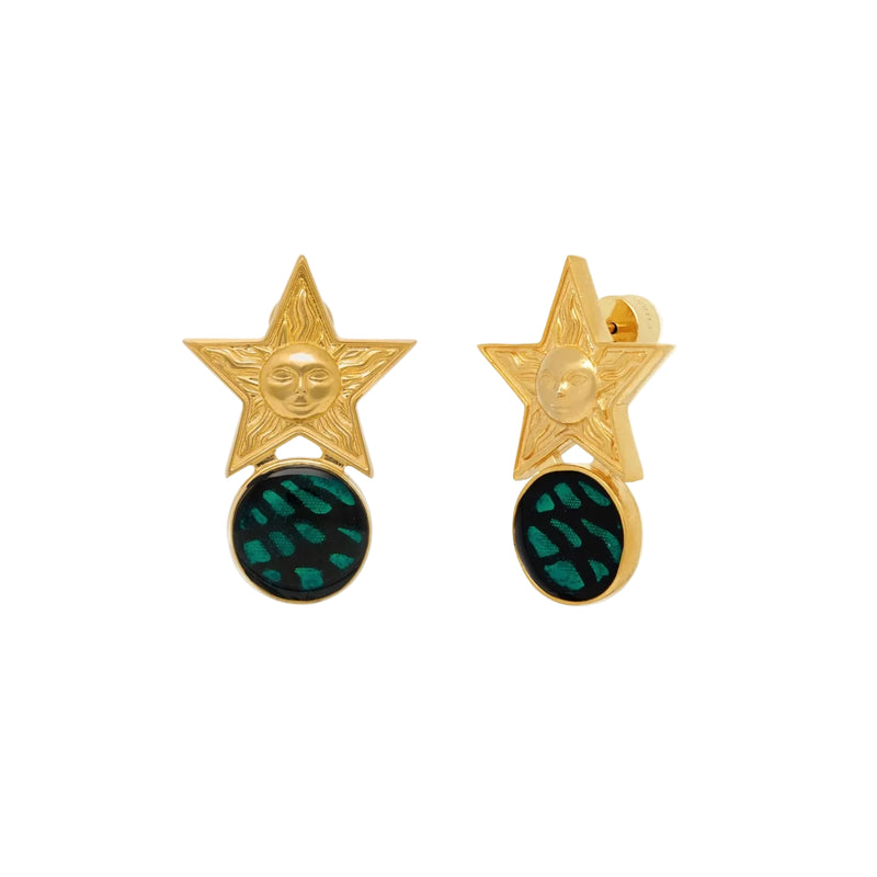 Gold star-shaped earrings with green gemstones on a white background