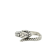 Silver snake-shaped ring on a white background